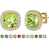EVEVIC Austrian Crystal Halo Square Stud Earrings for Women 14K Gold Plated Birthstone Earring Hypoallergenic Jewelry Gifts