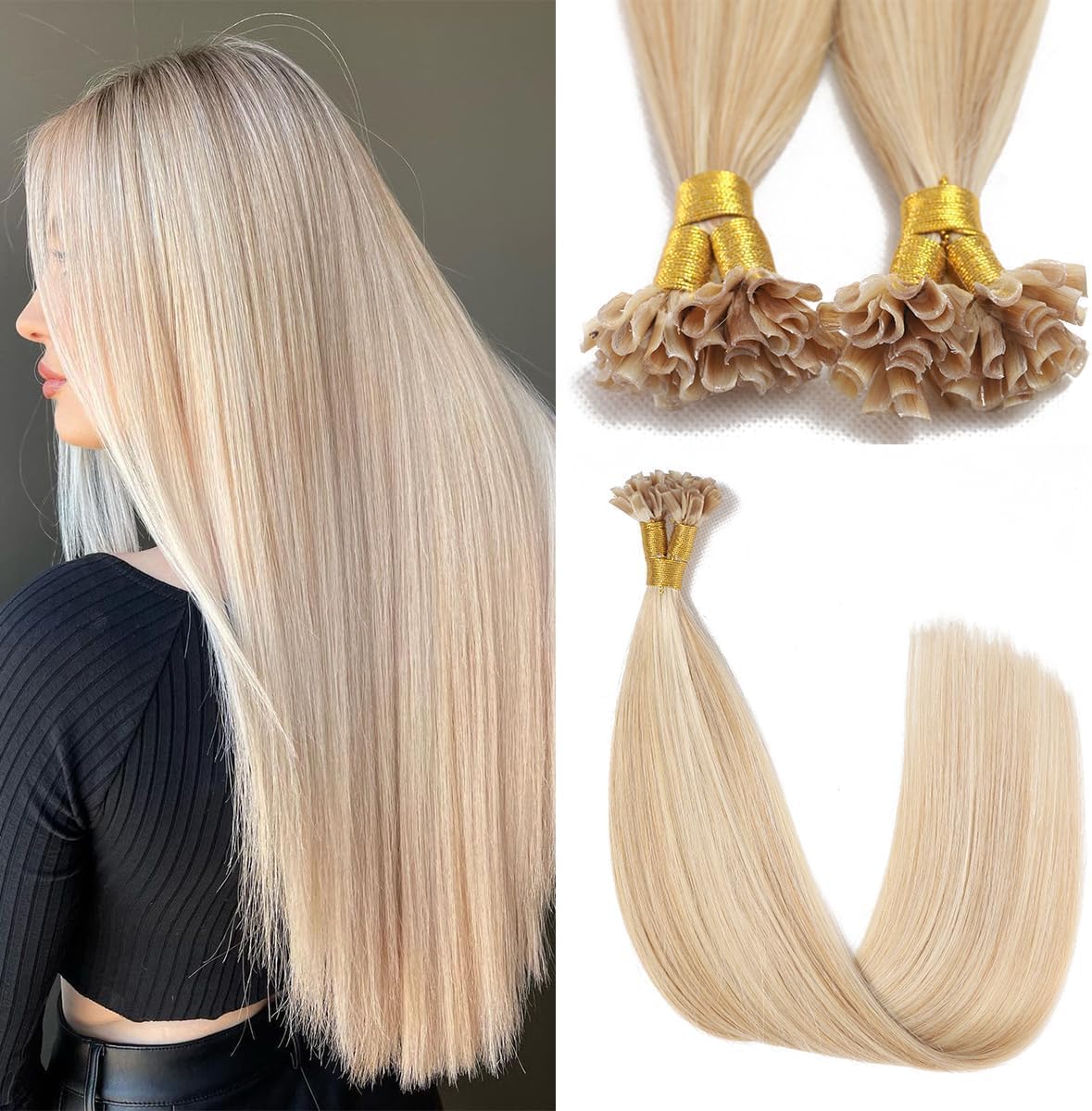 Sindra Caramel Blonde Mixed Bleach Blonde Hair Extensions U Tip 14 Inch 40 Grams U Tip Human Hair Extensions Straight 50 Strands #27/613 14inch — image 1