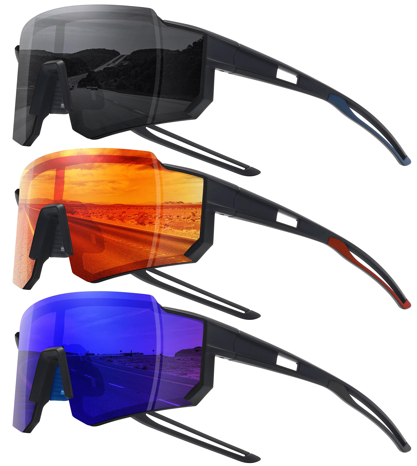 Photo 1 of STORYCOAST Sports Running Sunglasses for Men Women Cycling Driving Fishing Bike Sunglasses Polarized UV400 Protection 3Pack Matte Black/Gray+ Black/Red+ Black/Dark Blue