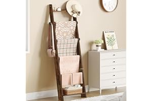 Hzuaneri Blanket Ladder for Living Room, Decorative Quilt Rack with 5 Removable Hooks, 6-Tier Blanket Ladder Shelf for Bedroo