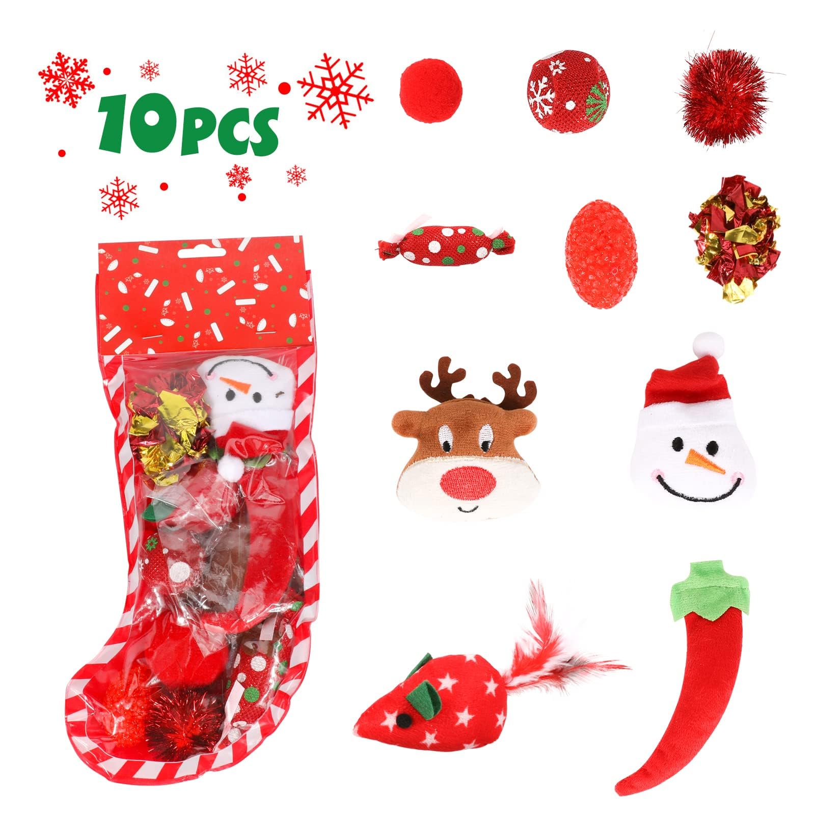 Jupsk 10 pcs Christmas Cat Toys, Christmas Interactive Cat Toys Pet Stocking with Teasing Cats Wand and Toy Balls, Xmas Interactive Chew Toy for Pet Indoor Cats Kitten