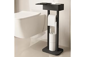 Wealone 4-in-1 Black Toilet Paper Holder Stand with Storage Shelf Box, Bamboo Free Standing Toilet Tissue Roll, Toilet Wipes 