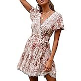 R.Vivimos Women Summer Short Sleeve Casual Bohemian Beach Ruffle Floral Print Bow Tie Short Sun Dress
