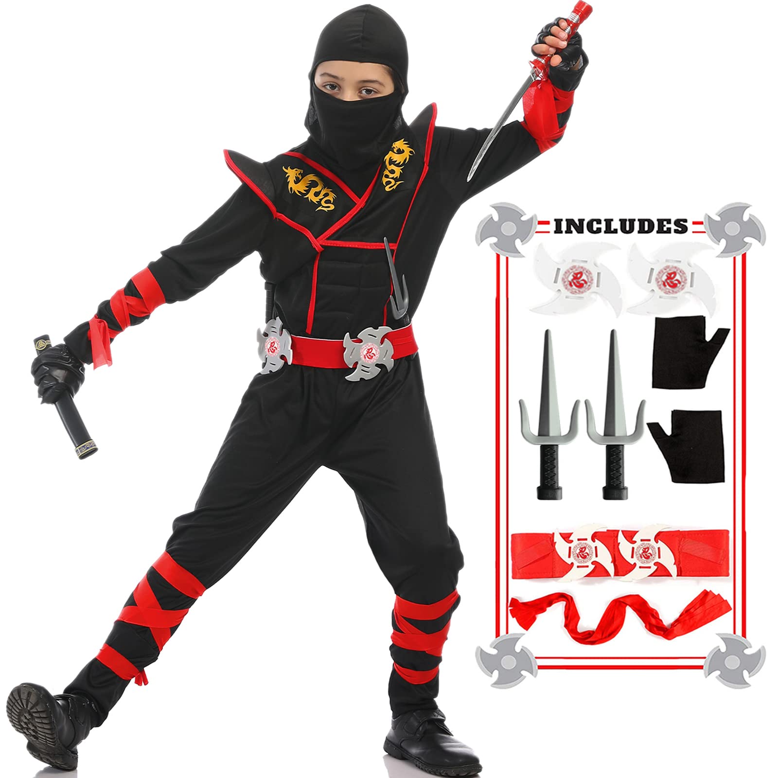 SATKULL Halloween Ninja Costumes Kids Ninja Cosplay Suits Boy Ninjas Role Play Costume Boys Girls for Theme Parties(Kids-L-8/9T)