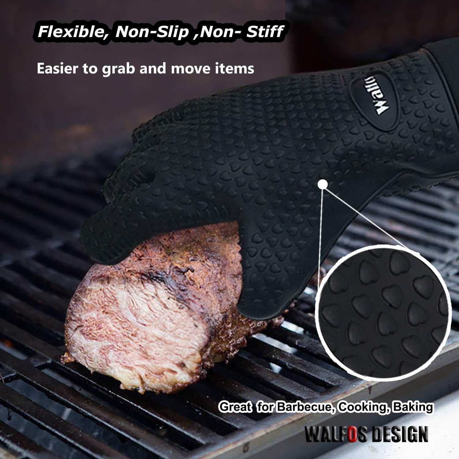 Walfos Grilling Gloves - Heat Resistant Silicone Oven Mitt, Premium Non-Slip Silicone Internal Protective Cotton Layer, Waterproof, Great for Grilling, Kitchen and Cooking (Black): Kitchen & Dining