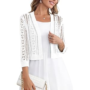 CRAZY GRID Women Crochet Shrug Sweater Knit Bolero Shrug for Dress Open Front 3/4 Sleeve Cropped Cardigan