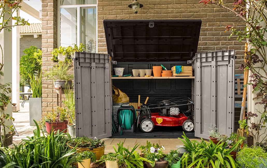 Keter Store it Out Pro Mülltonnenbox mit Gasdruckfeder, wetterfest, abschließbar, beige, 1.200 L, 145,5 x 82 x 123cm, passend für 2x240l Abfalltonnen 7