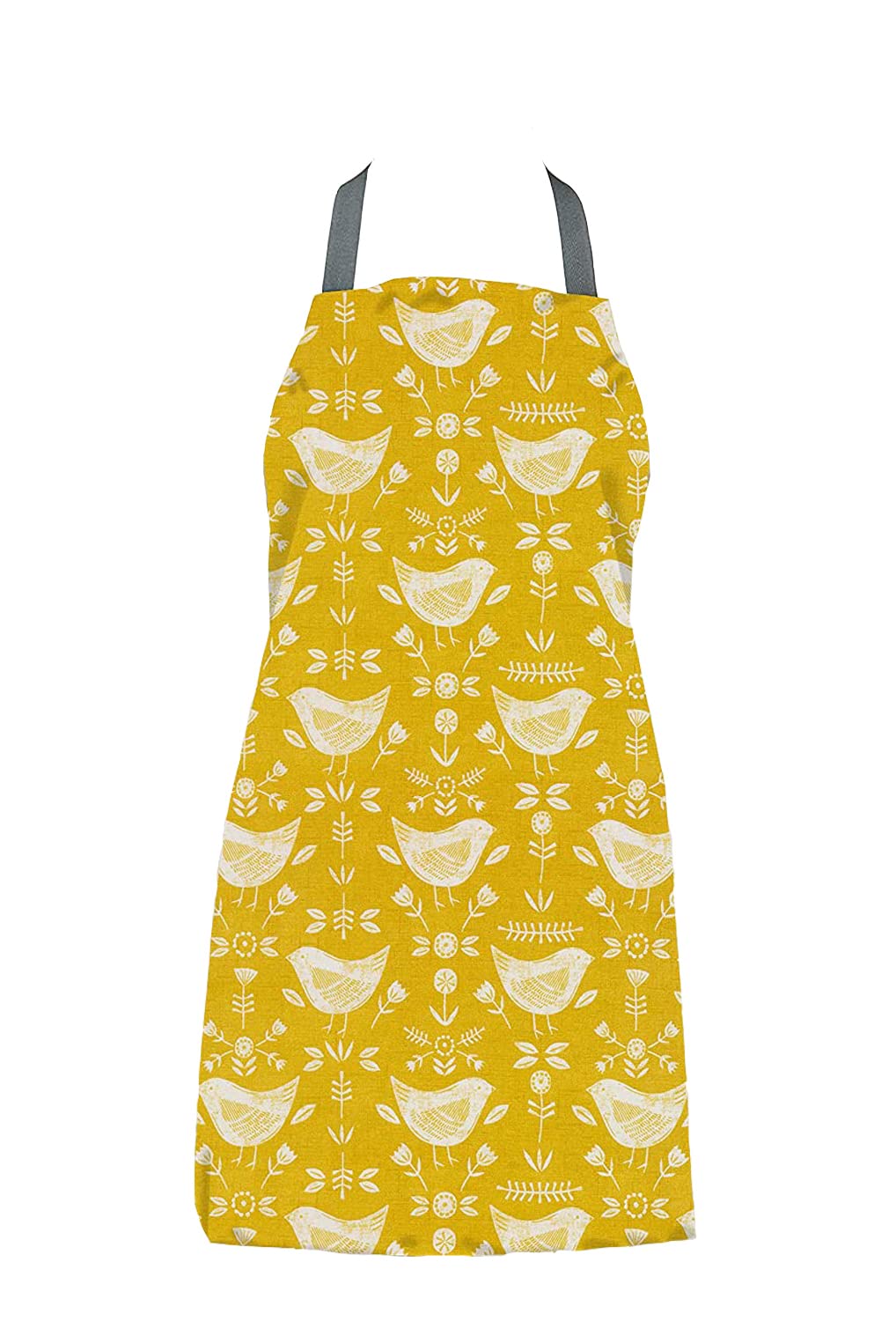 Jolee... Fabrics Wipe Clean PVC Coated Aprons - 100% Cotton Oilcloth - One Size - Easy to Clean and Splash Proof Apron (Scandinavian Narvik Birds Ochre Yellow, Adult (75cm Length))
