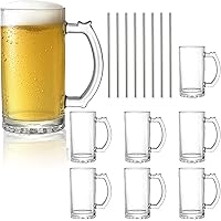 Okllen 8 Pack 16 Oz Glass Beer Mug with Handle, Large Glass Steins Beer Cups with Stainless Steel Straws, Heavy Base, Thick D