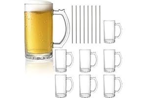 Okllen 8 Pack 16 Oz Glass Beer Mug with Handle, Large Glass Steins Beer Cups with Stainless Steel Straws, Heavy Base, Thick D