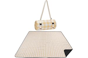 WILLOW WEAVE Picnic Blanket, 80''x80'' Waterproof Outdoor Blankets, Picnic Mat Washable for Beach, Picnic Blankets for Camping on Grass with Shoulder Strap - Yellow & White