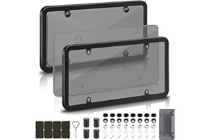 LIUCOCOTOS 2 Pack License Plate Protector & Frame Combo, Clear Plastic Car Front/Rear Covers with Screws Caps, Universal Fit Car Accessories + Bonus Valve Stem Caps, Adhesive Pads & Mini Screwdriver