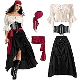 UFLJPKS Women Pirate Costume with Peasant Blouse Off Shoulder Trumpet Sleeve Tops Victorian Steampunk Skirts