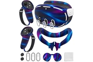YRXVW Silicone Cover Set Compatible with Oculus/Meta Quest 3, Touch Controller Grips Cover, VR Shell Cover, Facial Interface Cover, Protective Lens Cover, Tempered Glass Lens Caps (Aurora Blue)
