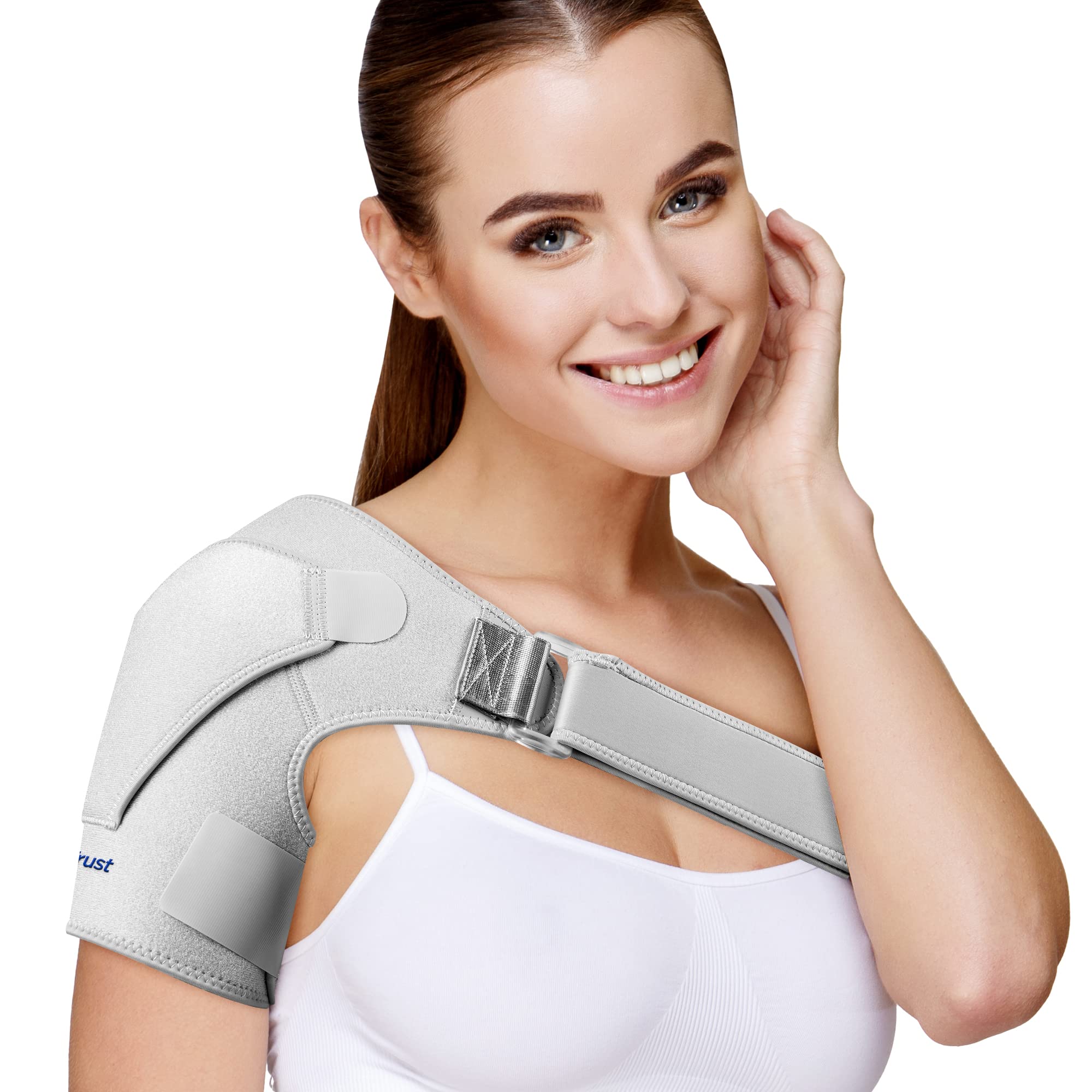 Suptrust Shoulder Brace for Women and Men: Shoulder Pain Relief Rotator Cuff Support Brace - Adjustable Fit Sleeve Wrap Relief for Injuries and Tendonitis - One Size Regular(Gray)