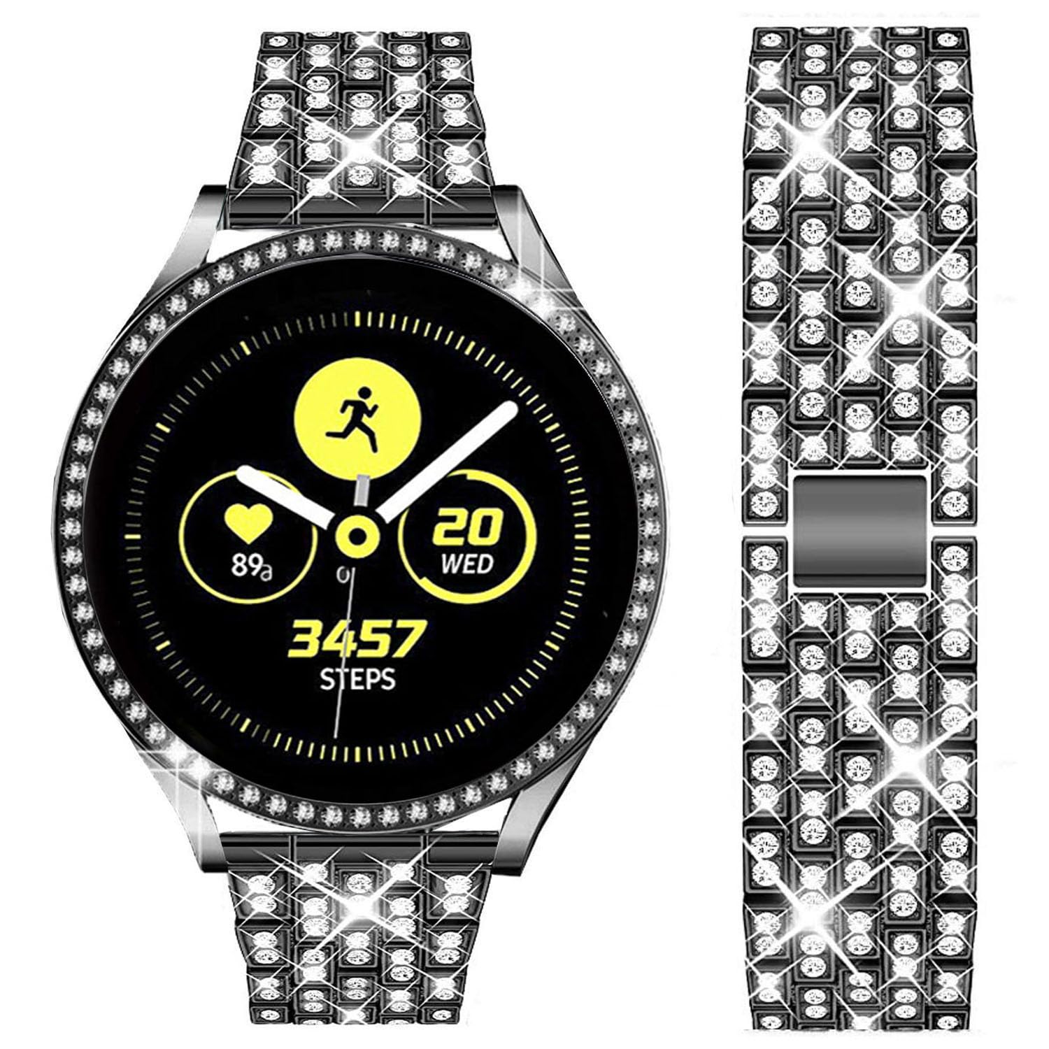 DEALELE Strap Compatible with Samsung Galaxy Watch Active (40mm), 20mm Luxury Rhinestone Diamond Metal Steel Bracelet with Protective Case Cover Replacement for Women Men, Black