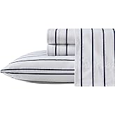 Nautica - King Sheet Set, Cotton Percale Bedding Set, Crisp & Cool, Lightweight & Breathable (Brenton Stripe Navy Blue, King)