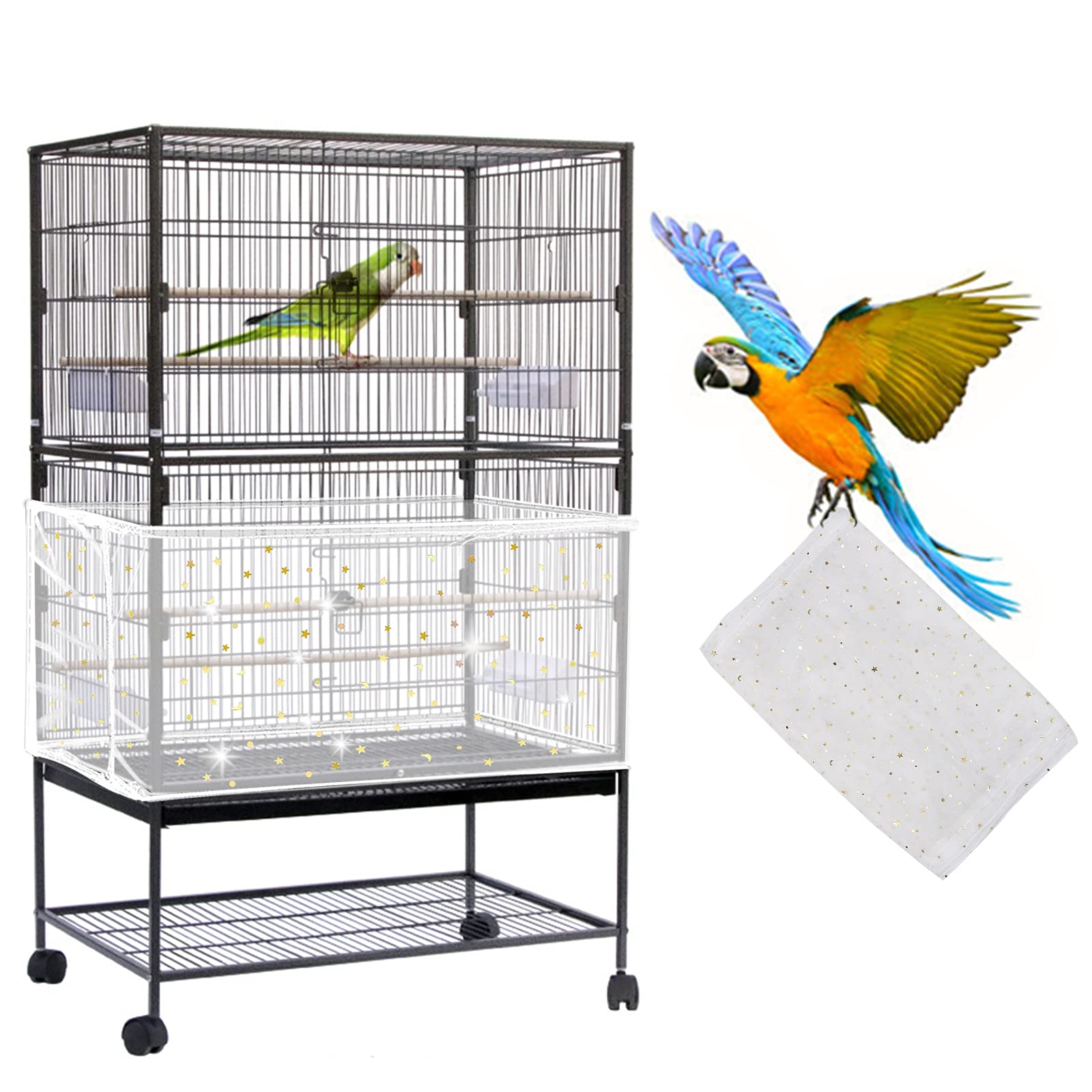 Daoeny Bird Cage Cover, Adjustable Soft Nylon Mesh Net with Twinkle Moon Star, Parrot Parakeet Macaw Birdcage Cover Skirt Seed Guard (White)