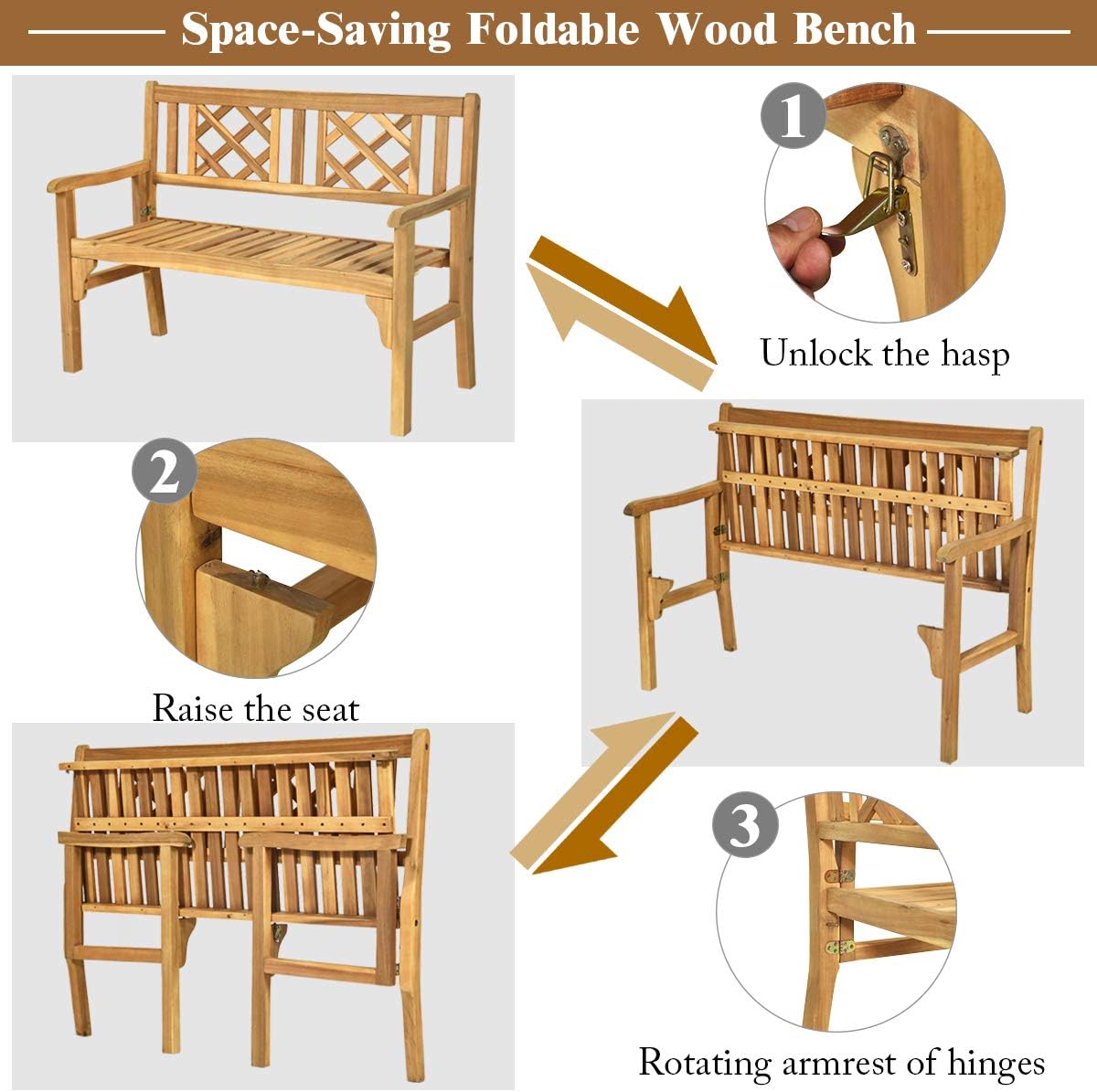 Giantex Patio Wooden Bench, 4 Ft Foldable Acacia Garden Bench, Two Person Loveseat Chair Solid with Curved Backrest and Armrest Ideal for Patio, Porch or Balcony (Teak): Kitchen & Dining