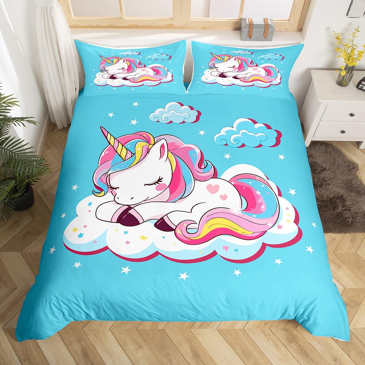 Loussiesd Unicorn Duvet Cover Girls Fairy Cartoon Unicorn Bedding Set Kids Cute Rainbow Comforter Cover Magical Animal Decor Bedding & Linen Kawaii Dreamy Horse Printed 3Pcs Zipper Double Size — image 1