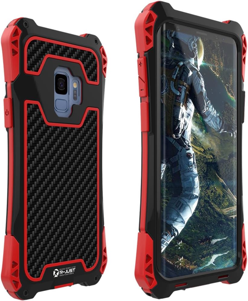 Galaxy S9 Metal Case, R-JUST AMIRA Extreme Shockproof/Dustproof/Water Resistant Aluminum Case Carbon Fiber Though Corning Armor Heavy Duty Cover for Samsung Galaxy S9 (S9 5.8", Black Red)