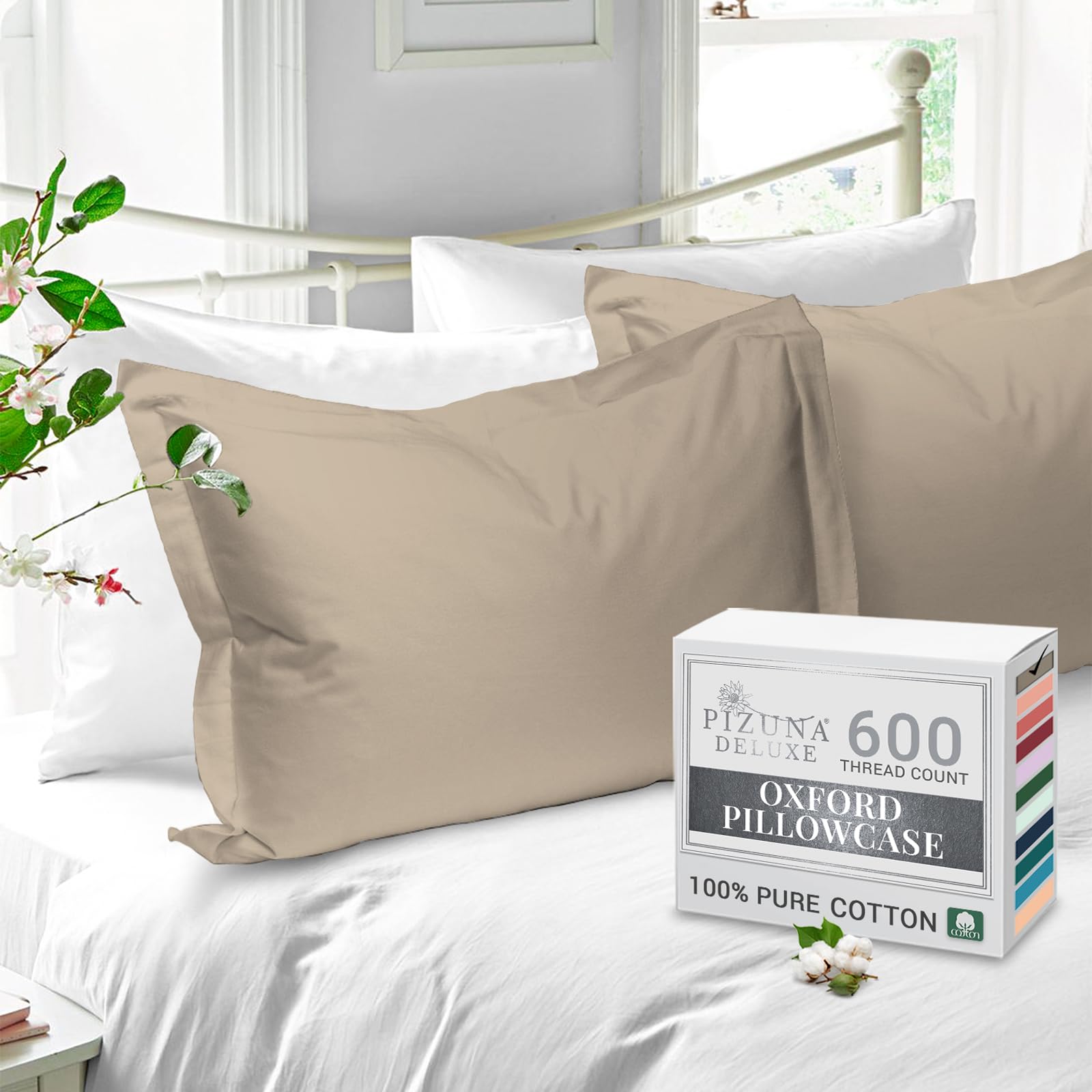 Pizuna Pure Cotton Standard Pillowcases 2 Pack Simply Taupe 50x75cm, 600 Thread Count Long Staple Combed Cotton Crisp Pillow Cover, Soft Sateen Oxford Pillow Cases (Cooling Pillowcase)