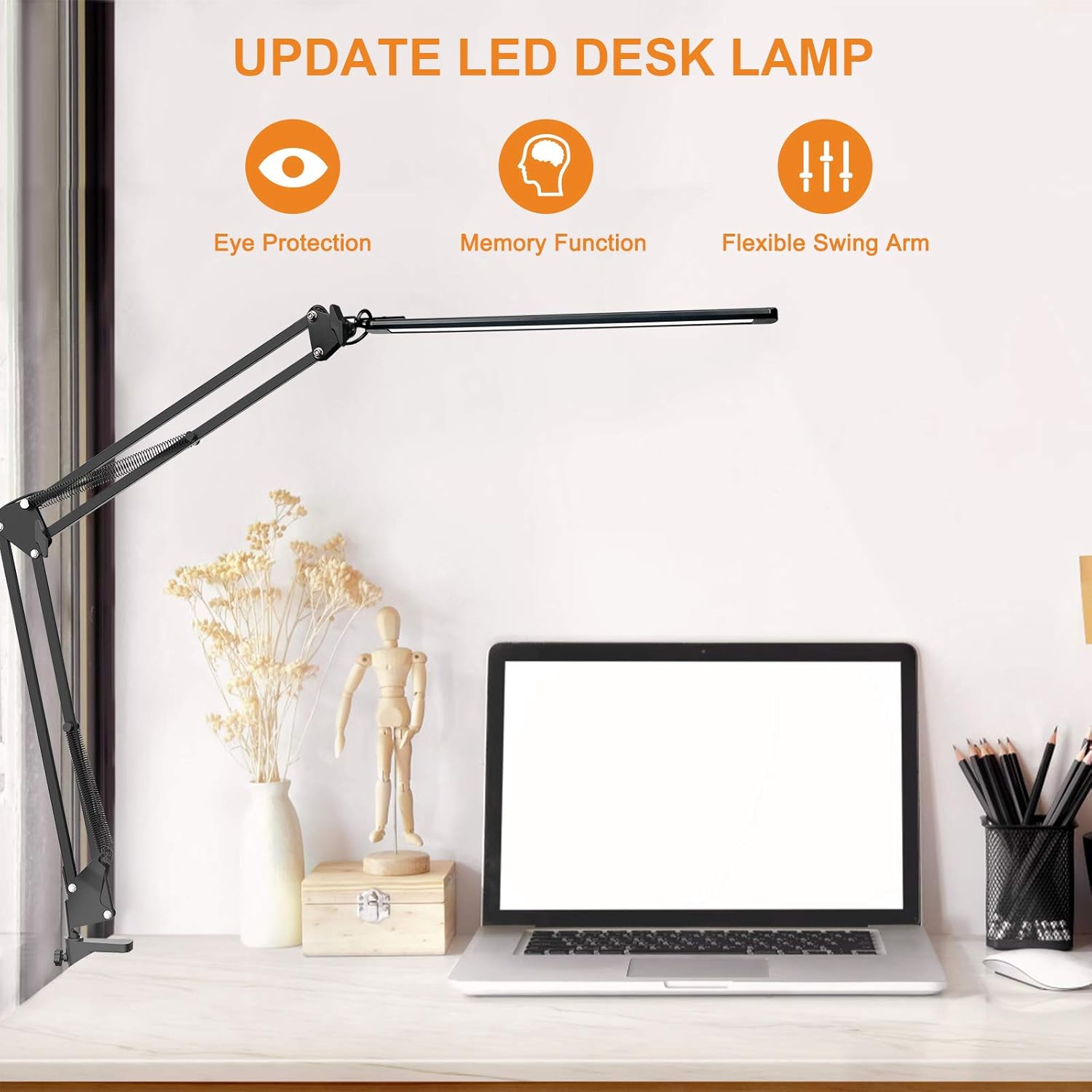 LED Desk Lamp, Adjustable Swing Arm Desk Lamp with Clamp, Dimmable Desk Light Eye-Care Table Light, Memory Function, 3 Color Modes, 10-Level Brightness Table Lamp for Home, Office, Study, Reading - - 