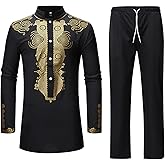 HEFASDM Men's African Dashiki 2 Piece Suit Traditional Long Sleeve Kurta and Pants Outfits Set