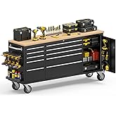 MUWOOD 72" Rolling Tool Chest, Heavy-Duty Tool Box with Power Outlet, Tool Cabinet with 10 Drawers, Rubber Wood Workbench with Key Locking System Drawer Liners for Garage Warehouse Repair Shop