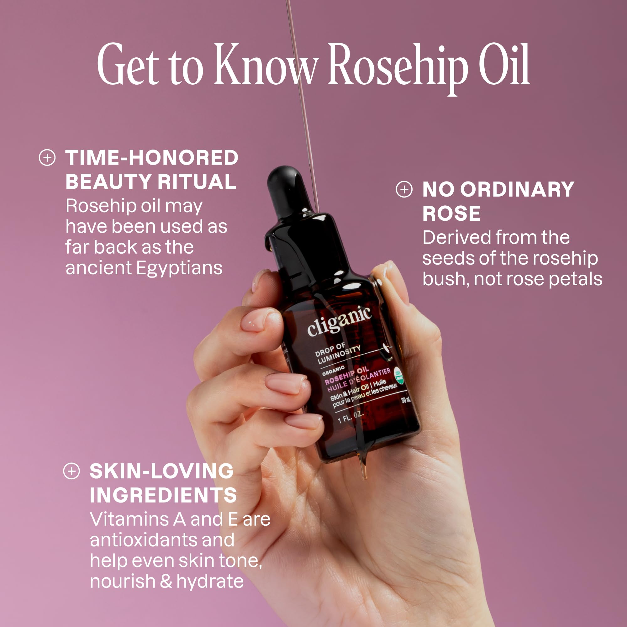 Cliganic Organic Rosehip Seed Oil for Face, 100% Pure | Natural Cold Pressed Unrefined Non-GMO | Carrier Oil for Skin, Hair & Nails (Packaging May Vary)