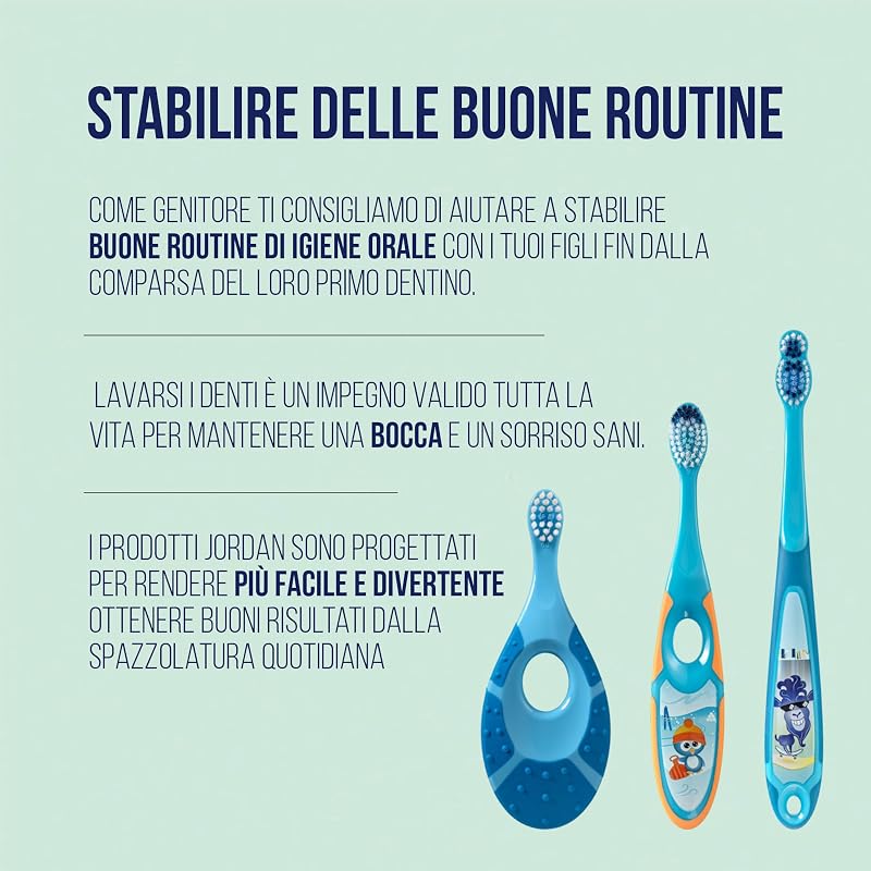 Jordan ® | Step 1 Baby Spazzolino da denti per bambini da 0 a 2 anni | Lo spazzolino originale per bambini con setole extra morbide e morbido massaggiagengive per gomme e Easy Grip | confezione da 2