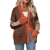 Saodimallsu Womens V Neck Cardigan Sweaters Color Block Button Oversized Long Sleeve Open Front Knit Sweater Coats