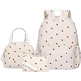 HowFly Backpack for Girls Corduroy Teen Girls Backpack with Lunch Box Kids School Backpacks Bookbag for Middle Elementary School Lightweight Daypack and Lunch Box Set Beige Strawberry (Red)