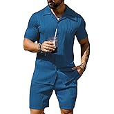 URRU Men's 2 Piece Outfits Short Sleeve Casual Button Down Shirt and Shorts Set