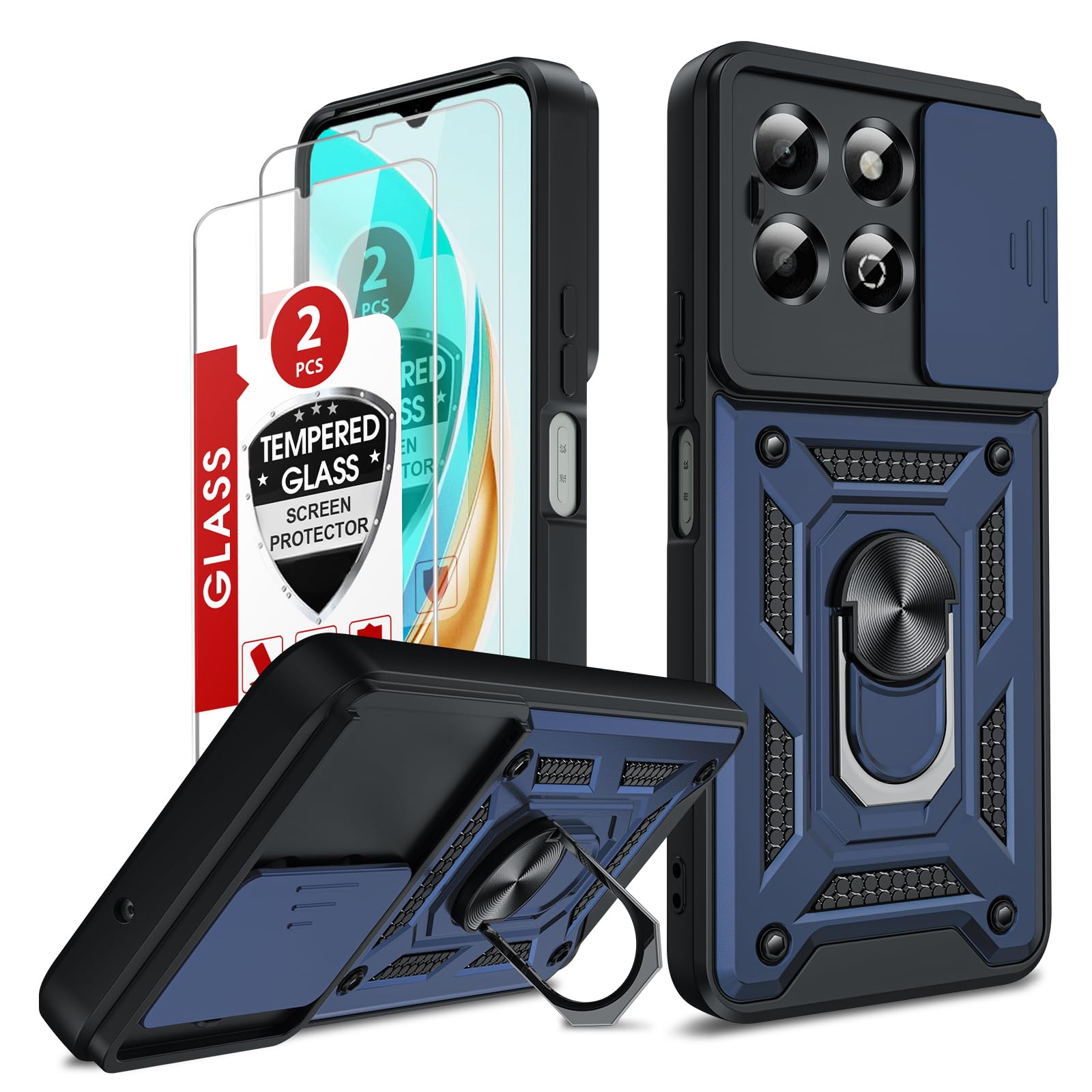 LeYi for Honor X6b Phone Case, 2 Pack Screen Protectors, Ring Stand Holder, Military Shockproof Rugged Mobile Phone Cover with Camera Lens Slide Design for Honour X6b 4G, Blue