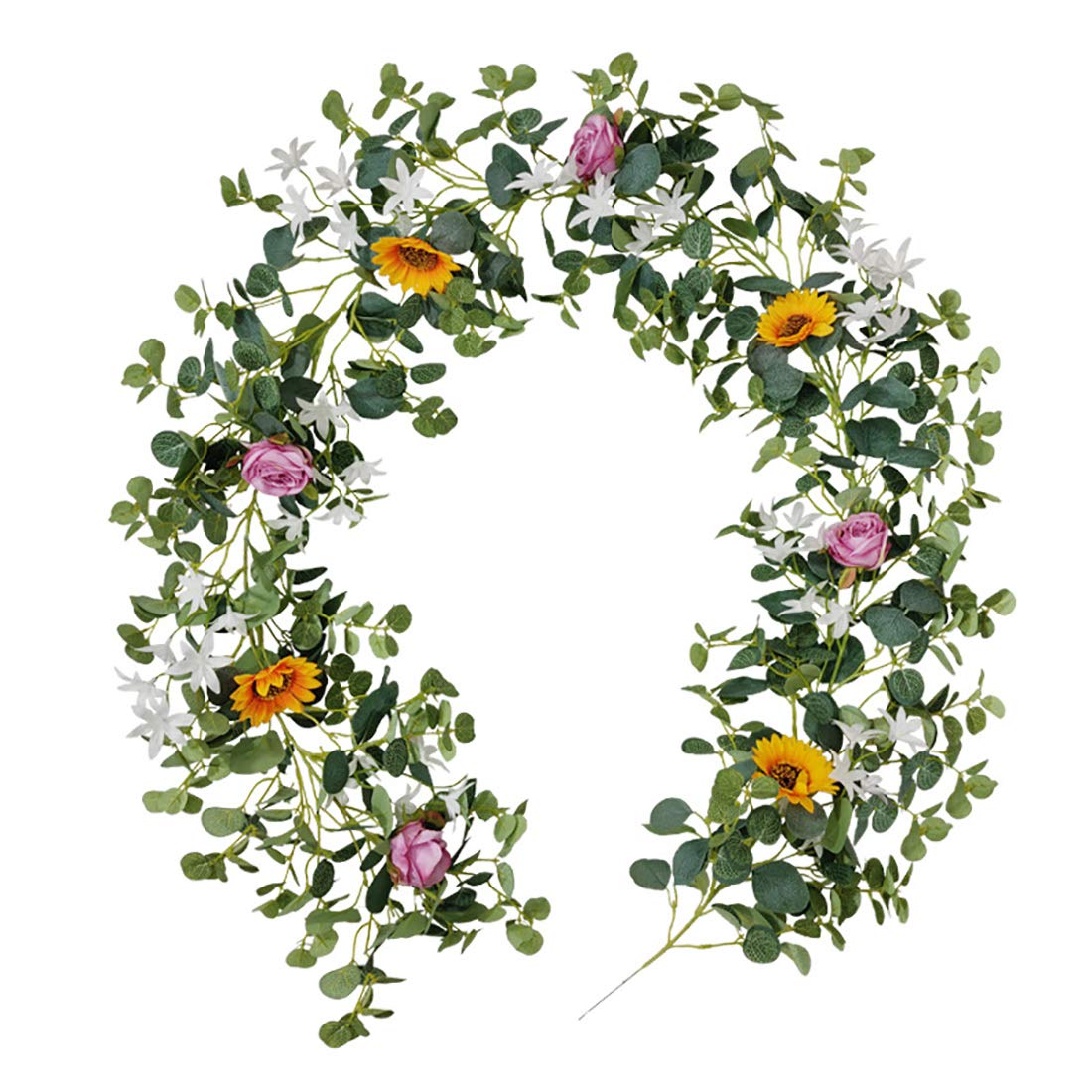 FLCSIed Rose Garland with 8 Pink Flowers - Lush, Natural Looking Leaves and Floral Decor, Greenery for Wedding Table with Abundant Vines (Multi)