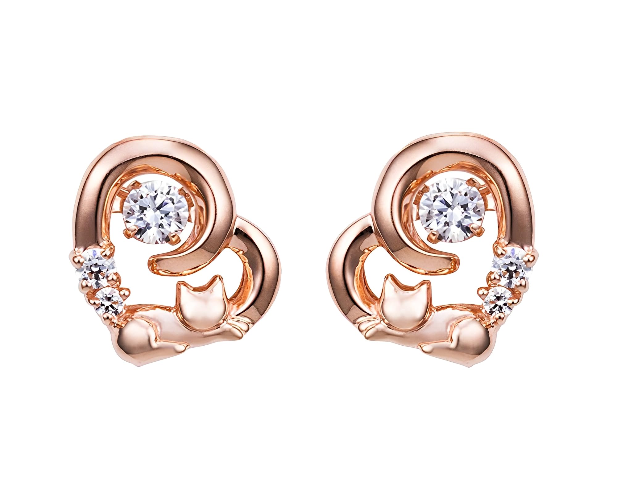 Kaguyo silver Earrings for Women, girls earrings stud, Sterling Silver Zirconia Cat In Sweet Heart Stud Earrings for women girls birthday jewellery gifts (rose gold plated)