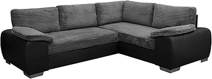 enzo corner sofa bed with storage jumbo cord fabric leather right hand side orientation grey and black