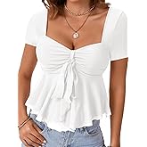 Rooscier Women's Tie Knot Sweetheart Neck Short Sleeve Ruffle Babydoll Peplum Blouses Top