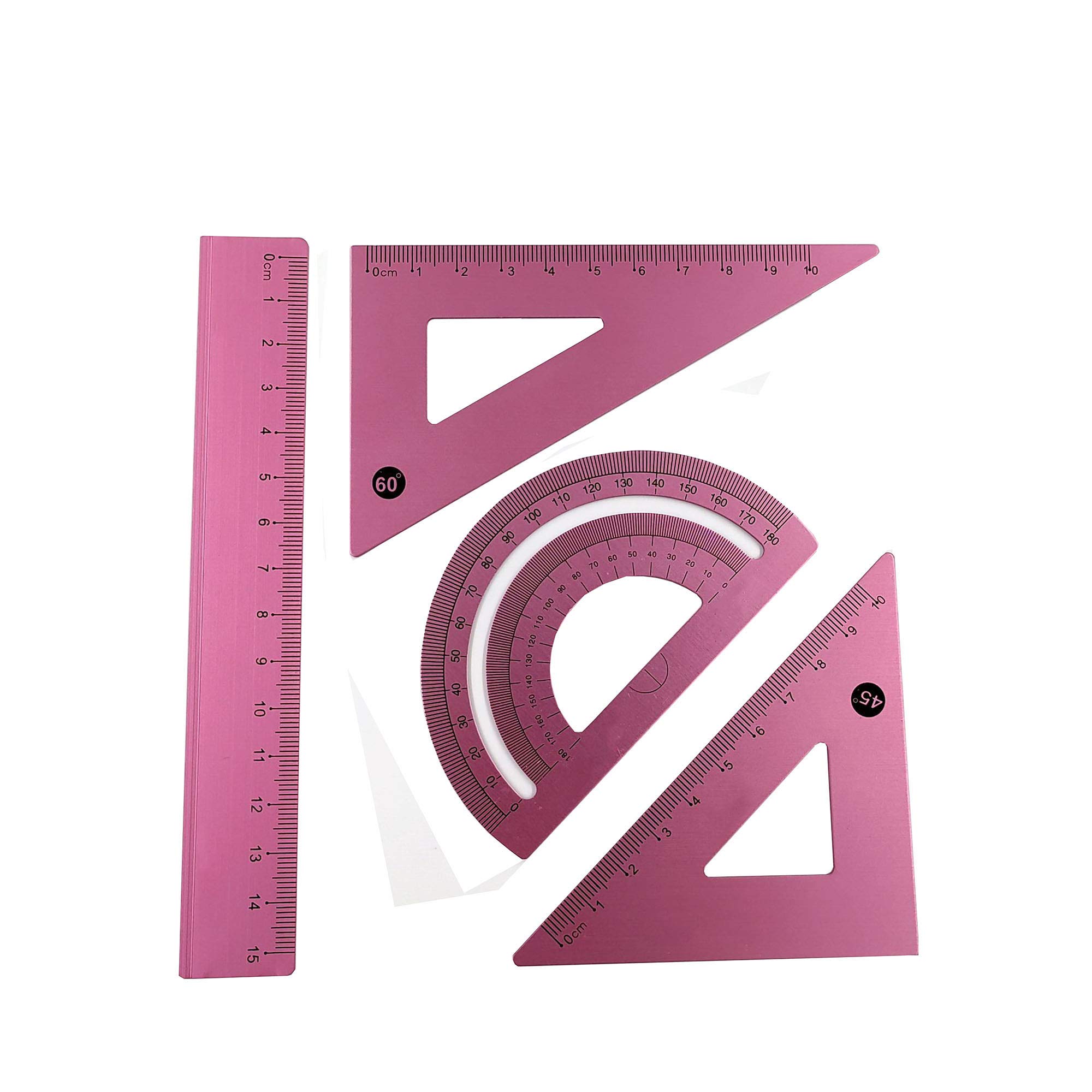Accod Aluminum Alloy Ruler Set Stainless Steel Scale Ruler Math Geometry Tool 4 in One Measuring Ruler for Student Architect Engineer and Draftsman (Pink)