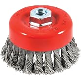 Forney 72753 4-Inch Knotted Wire Cup Brush | Twist knot brush with a 5/8-11 threaded arbor and .020-inch carbon steel. Designed for 4-1/2" and 5" angle grinders.