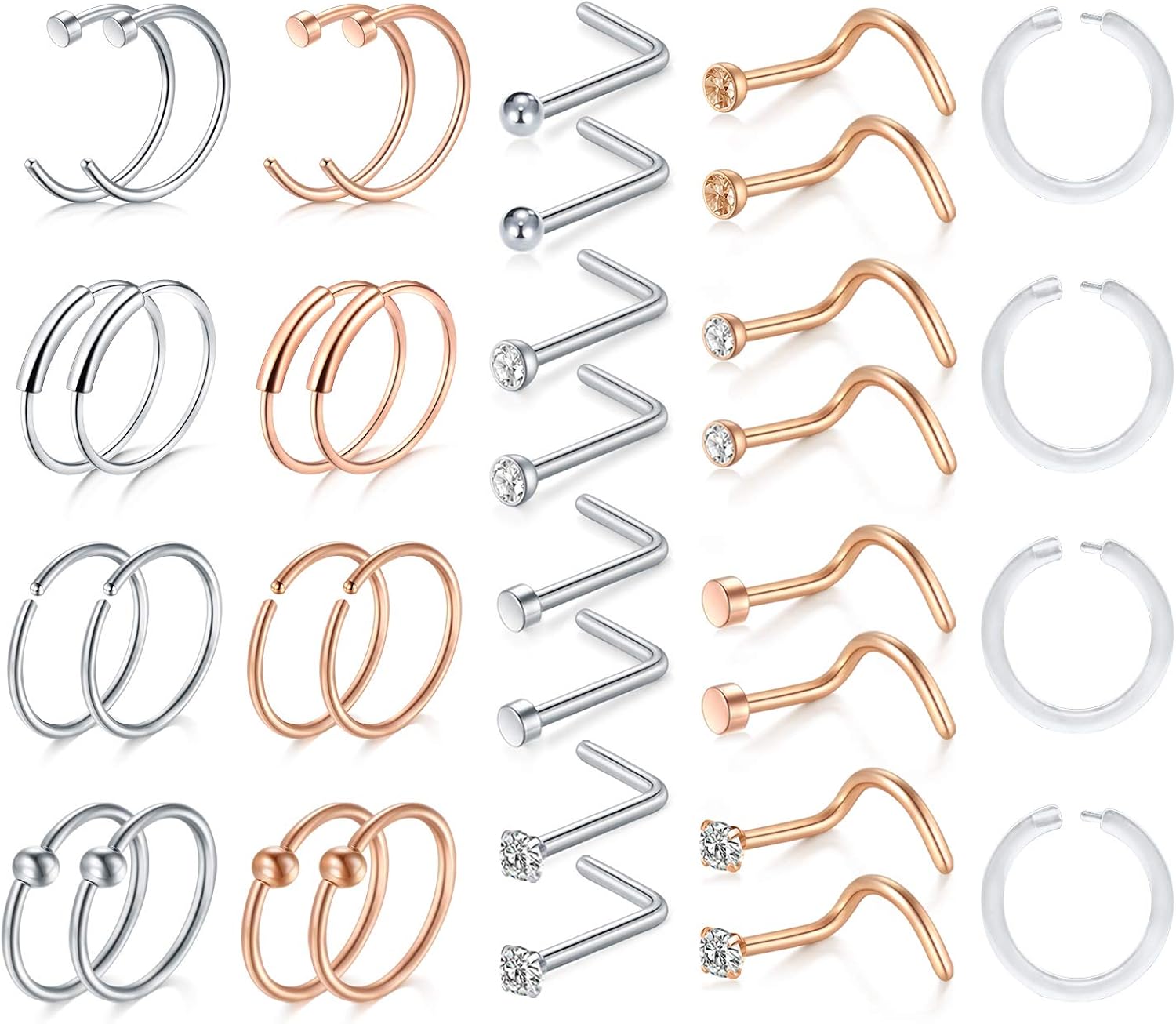 AceFun 36Pcs Nose Rings Set 18G Surgical Steel Nose Studs Nose Screw Nose Hoop Rings CZ Nose Piercing Jewelry for Women Men
