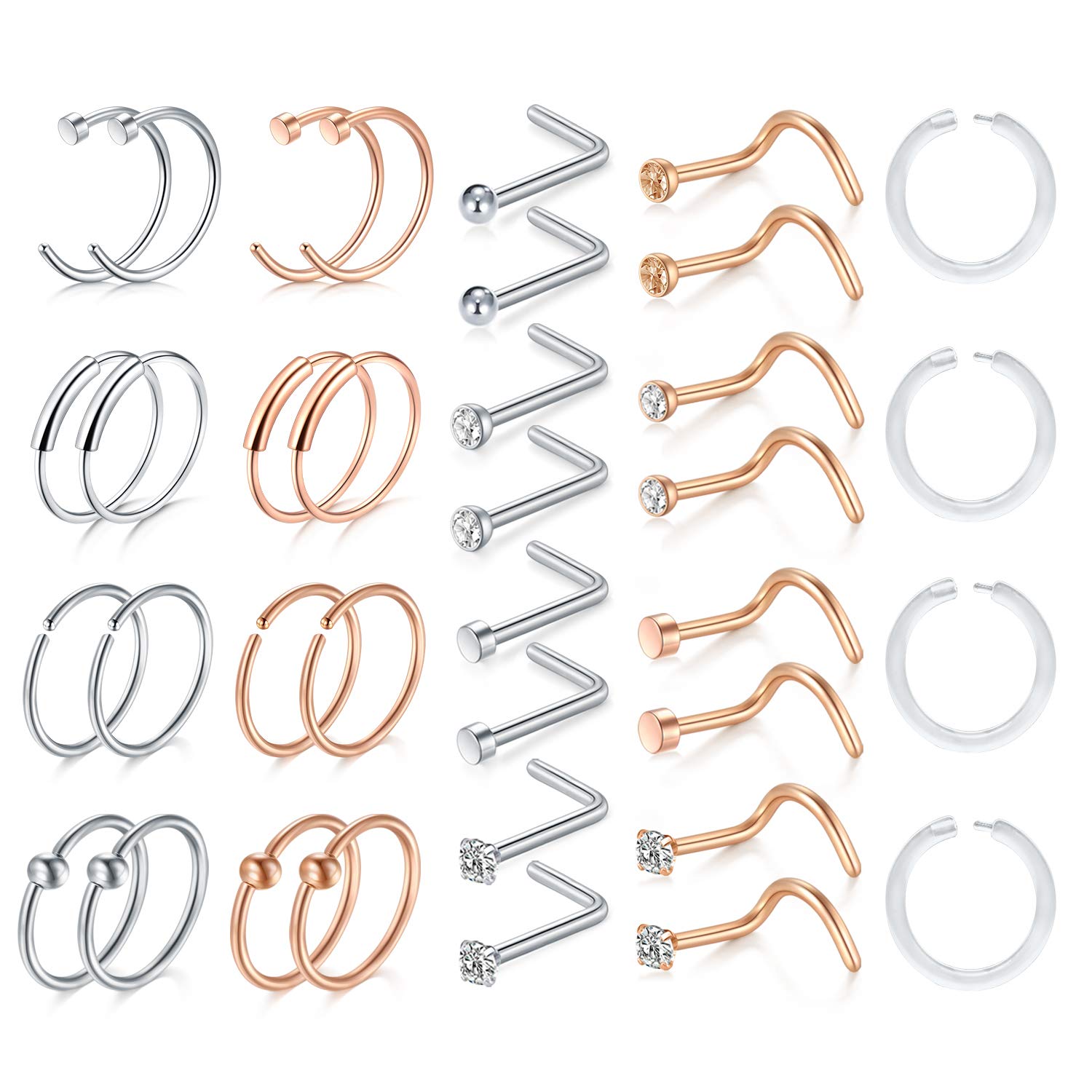 AceFun 36Pcs Nose Rings Set 18G Surgical Steel Nose Studs Nose Screw Nose Hoop Rings CZ Nose Piercing Jewelry for Women Men
