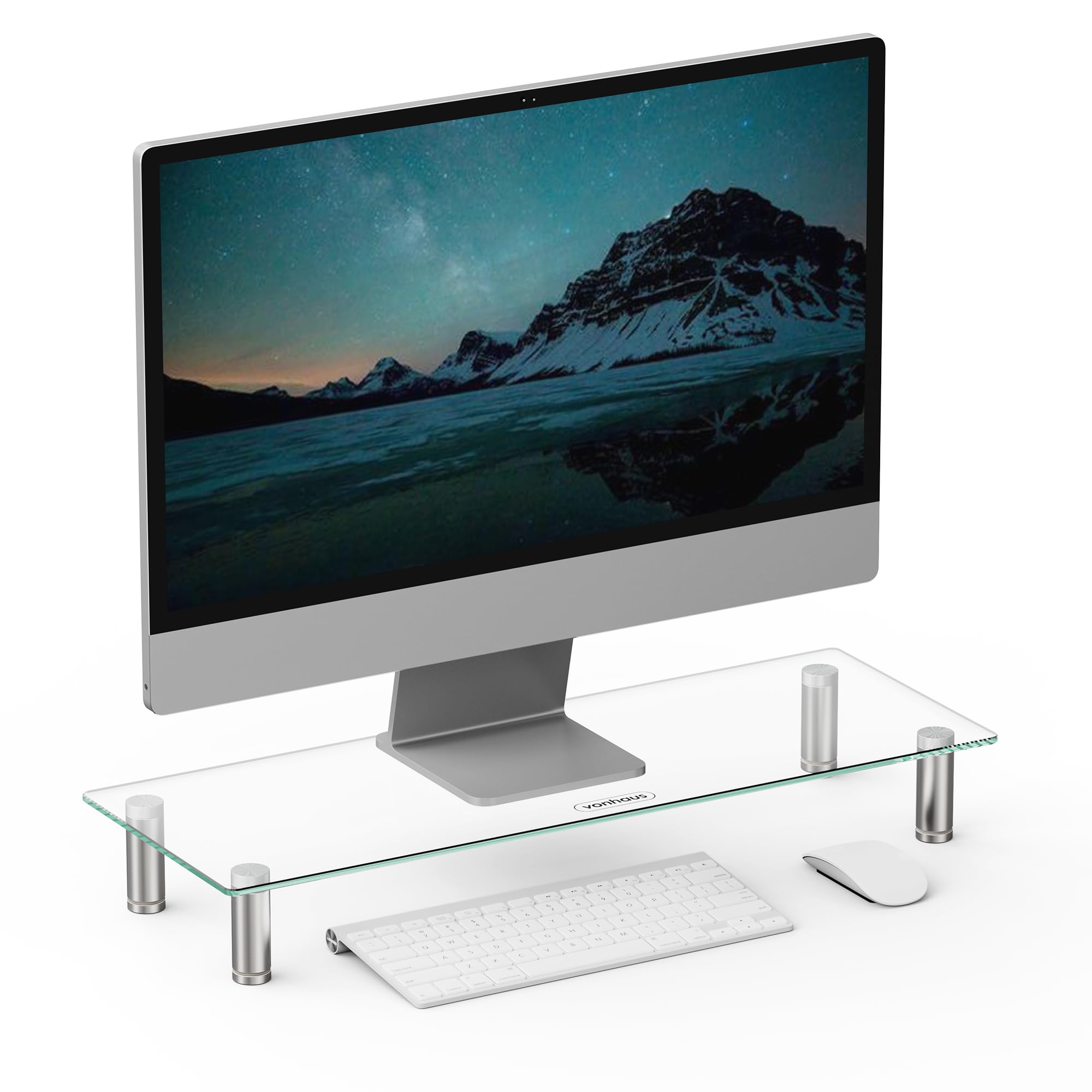 VonHaus Glass Monitor Stand for Desks, Height Adjustable Screen Riser, 58x21cm Tempered Glass Monitor Stand w/Aluminium Legs, 20Kg Capacity