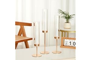 Denique Gold Candle Holders Set of 3, Hurricane Glass Taper Candle Holders, Gold Candlesticks Holders for Table Centerpiece, Wedding, Dining, Party Christmas Decoration