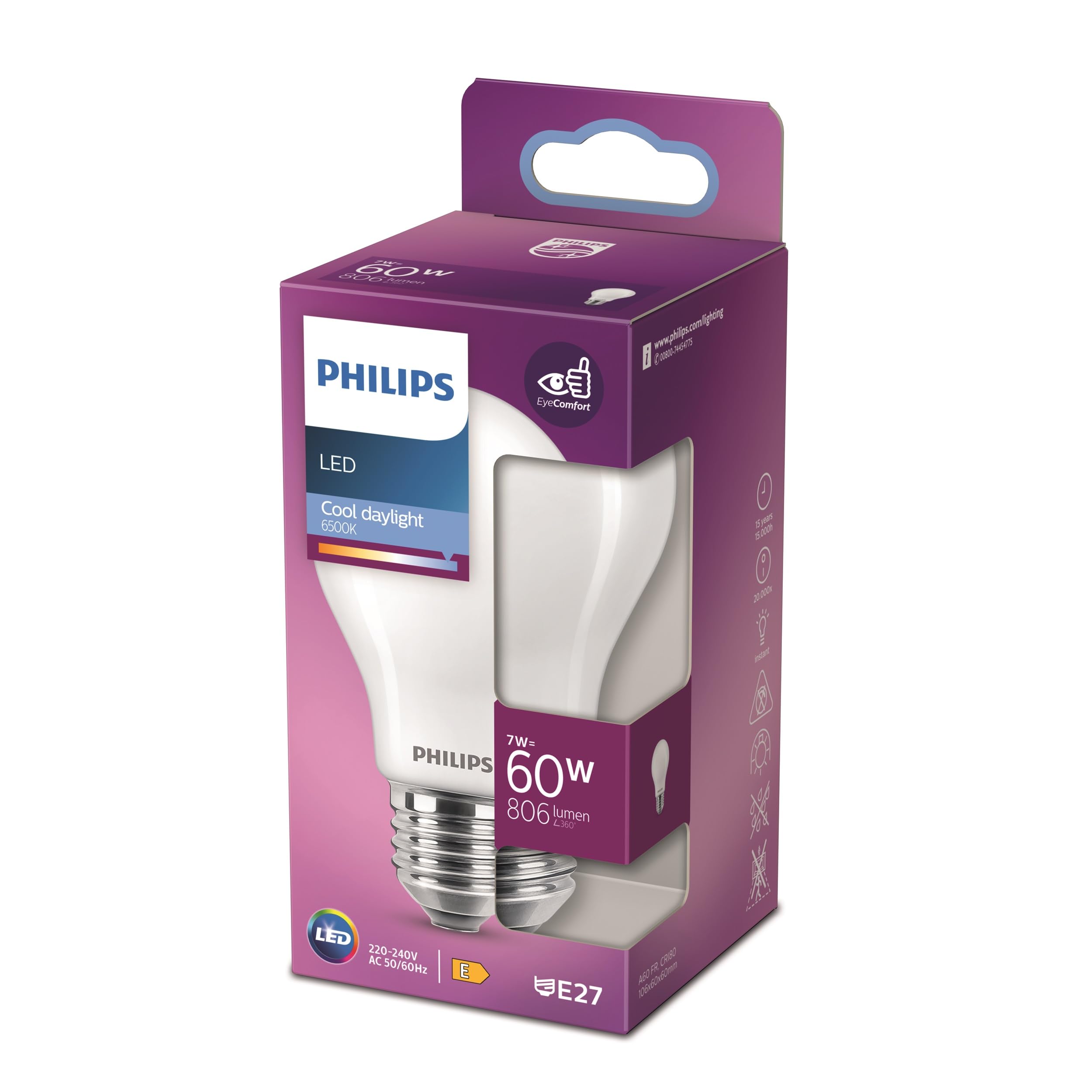 Philips LED Classic A60 Frosted Light Bulb [E27 Edison Screw] 60W, Cool Daylight 6000K, Non Dimmable