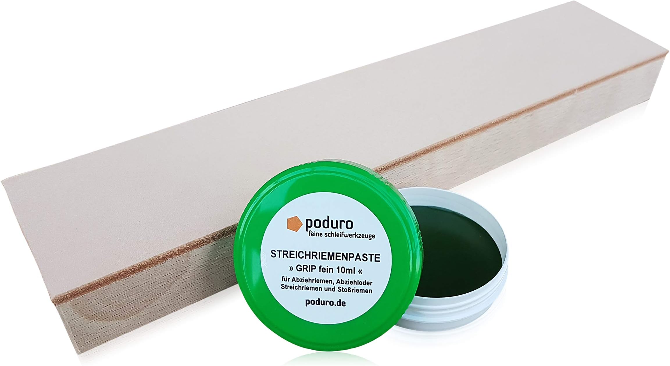 »PODURO KOMBI« peeling belt and paste set Peeling off the wood and chromium oxide Remove the grinding paste from the knife