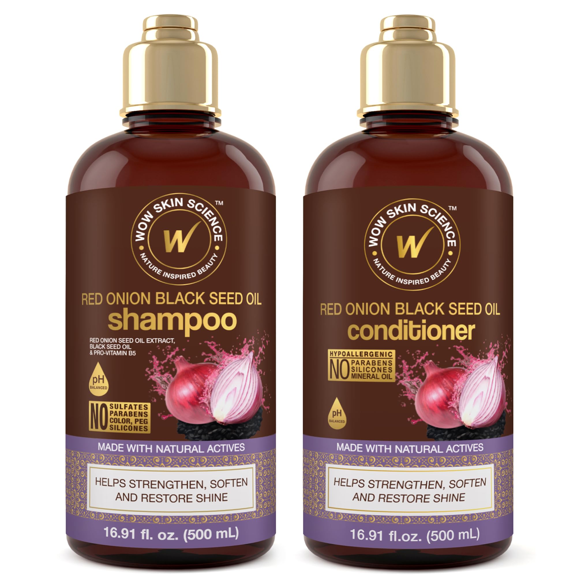 WOW Skin Science Onion Black Seed Oil Shampoo & Conditioner Set With Hair Oil For Strong, Soft Hair & Shine – Hair Treatment For Dry Damaged Hair For All Hair Types (Brown, 16.9 Fl Oz (Pack Of 2))