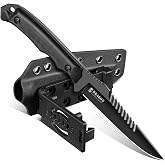 Dragon Creek Fixed Blade Knife - D2 Steel Toothed Spine Outdoor Knife | Small Black Full Tang Handle &amp; Sheath for Camping Survival Hiking Birthday Gift Men