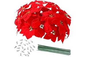 Luyue 24 PCS Real Touch Poinsettia Flowers Artificial Poinsettia Christmas Decorations Red Poinsettia Picks Fake Christmas Flower with Stems and Clips Xmas Floral for Christmas Tree Wreath Home Decor